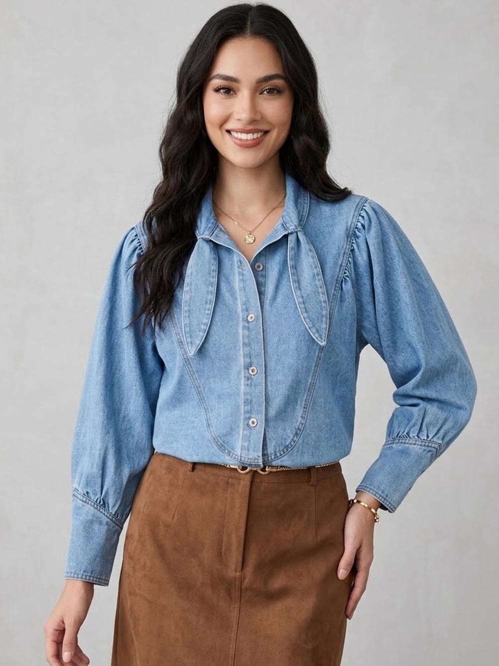 Hunter Bell Odessa Tie Front Long Sleeve Denim Jean Top, Light Blue Size S, NWOT